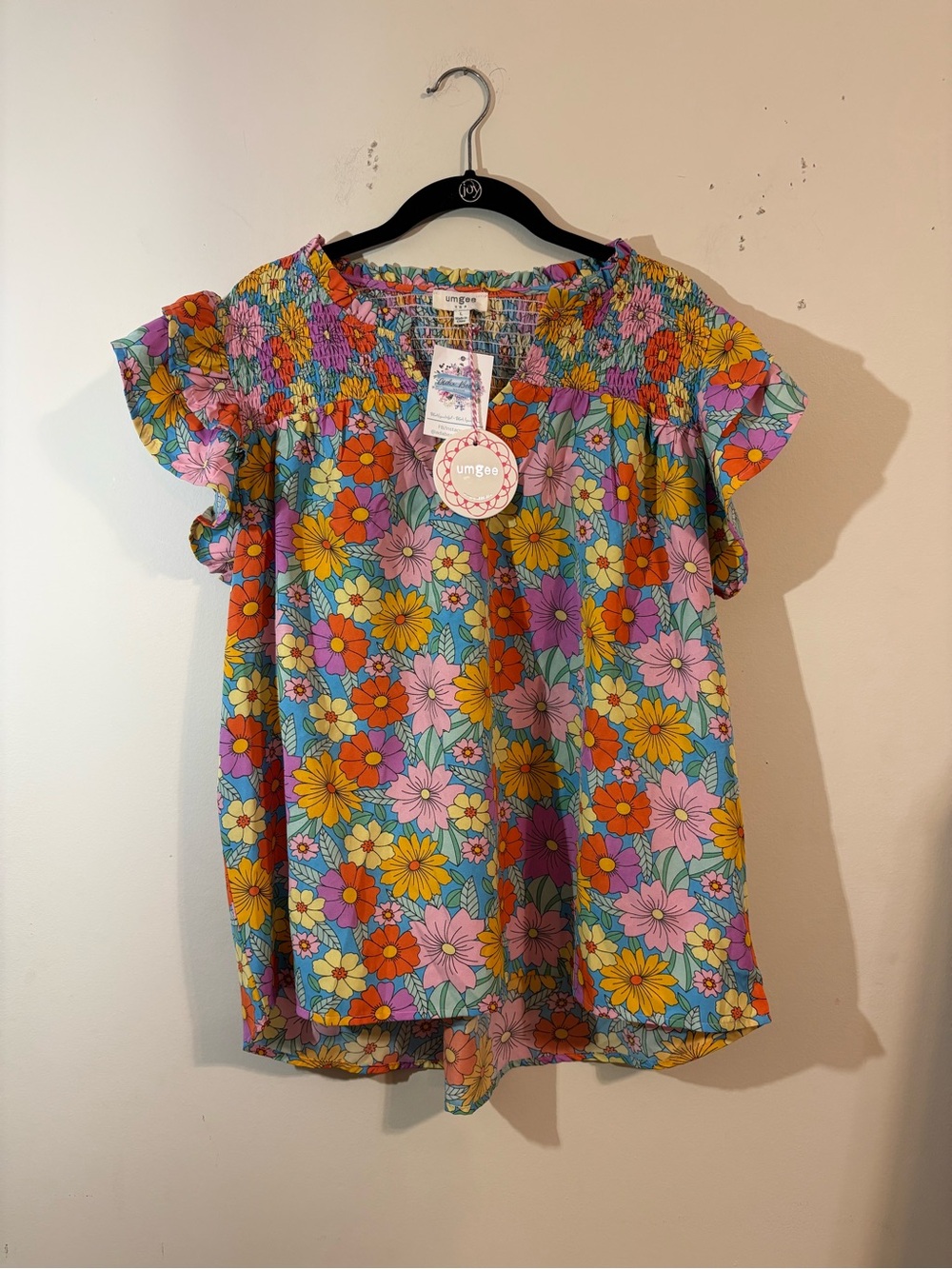 Umgee Split Neck Smocked Floral Print Ruffle Sleeve Top Large vibrant retro NWT - Picture 2 of 11